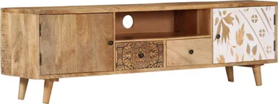 A wooden TV stand with a cabinet and drawers, set against a white background.