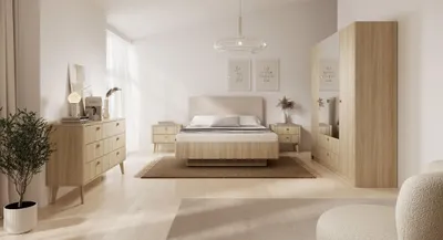Produktbild von DESIGN MÖBEL VIKI Schlafzimmer-Set Eiche Barista | Bett mit Polsterkopfteil, Kleiderschrank mit Spiegel, Kommode & Nachttische | modernes Komplettset