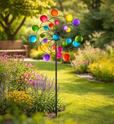 Produktbild von formano Windrad Garten Metall bunt 126 cm kugelgelagertes Windspiel mit Erdspieß