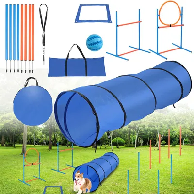 Produktbild von Peviasot Hunde Agility Set mit Tunnel 170x55 cm, 8 Slalomstangen, höhenverstellbarer Hürde und Sprungring, Pausenfeld, 2 Tragetaschen