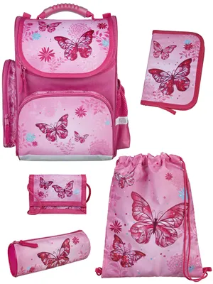Produktbild von Mädchen Schulranzen 1. Klasse in Rosa mit Butterfly Schmetterlinge Motiv 5 tlg. Schultaschen Set mit Federmäppchen