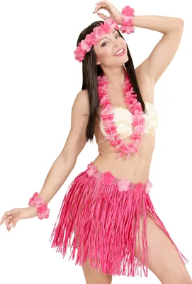 A woman wearing a hula costume.
