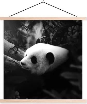 Produktbild von MuchoWow® Textilposter Tiere - Dschungel - Panda - Schwarz - Weiß 60x60 cm mit holzfarbenen Rahmen - Wanddekoration