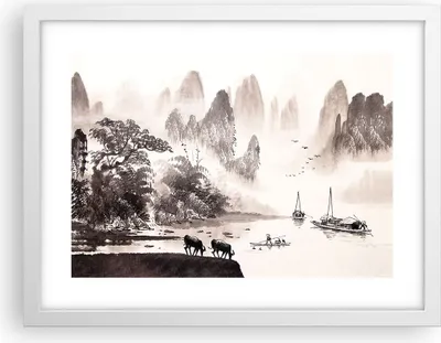 Produktbild von Gerahmtes Poster - Weißer Rahmen - Chinesisch Landschaft Aquarell - 40x30 cm - Wand Bild - Wanddeko - Wandbilder - Wandposter - Bilderrahmen - Bilder - Kunstdruck - Wandbild - P2WAA40x30-4265