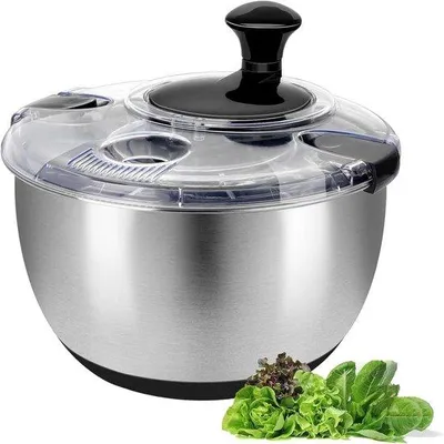Produktbild von Famanu Salatschleuder 4-5L Edelstahl 18/10 mit Transparentem Deckel - Antirutschboden - Salatschleuder mit Handkurbel - BPA-frei & Spülmaschinenfest