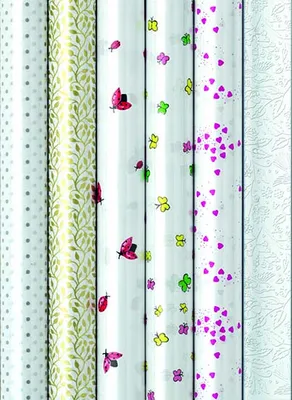 Produktbild von Sortiment Geschenkfolie Prisma - Klarsichtfolie mit Druck - bedruckte Transparentfolie - 45 Röllchen á 250 x 70 cm -Rolle: € 2,95 -gesamt: € 147,50