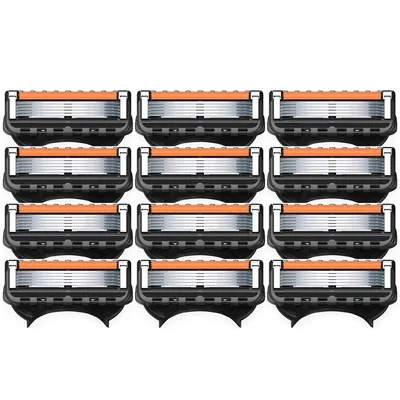 A product shot of multiple razor blade refills arranged in a grid.