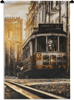 Produktbild von MuchoWow® Wandteppich Wandbehang Straßenbahn - Lissabon - Gold 60x90 cm Tapisserie Dekoration Wandtuch - Foto-Teppich - Abwaschbar