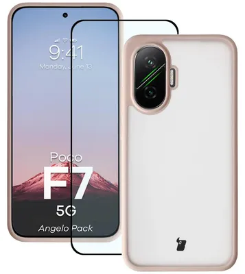 Produktbild von Schutzhülle + gehärtetem Glas für Xiaomi POCO F7, Bizon Angelo Pack, Semitransparent mit rosem Rahmen
