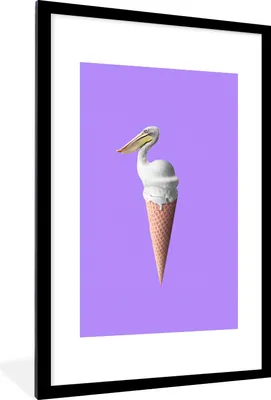 Produktbild von MuchoWow® Gerahmtes Poster Eiscreme - Vogel - Pelikan - Weiß - Eistüte 60x90 cm - Poster mit Schwarzem Bilderrahmen Wandposter Rahmen Foto Bilder - Dekoration - Wandposter Wohnzimmer - Hochwertig