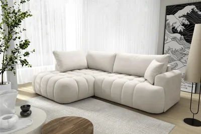 Productafbeelding van Eckbank met slaapfunctie, model NANTES, bekleed met stof in de kleur zachtbeige, met een losse ottomaan aan de linkerkant