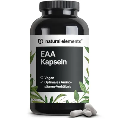 Produktbild von natural elements EAA Kapseln hochdosiert – 300 Kapseln – 8 essenzielle Aminosäuren – vegan, ohne unnötige Zusätze – in Deutschland produziert