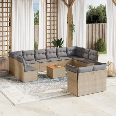 Produktbild von Design 13-tlg. Garten-Sofagarnitur mit Kissen Beige Poly Rattan, Gartenmöbel-Sets 2024 Neu