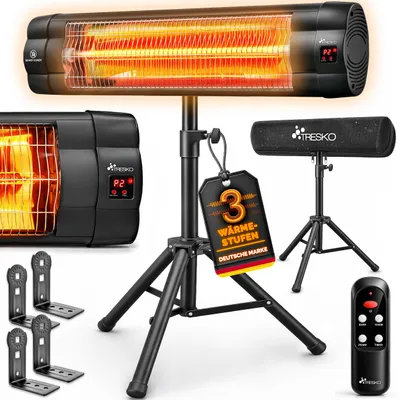 Obrázok produktu pre Infračervený sálavý ohrievač TRESKO 2500 W čierny s diaľkovým ovládaním a krytom | elektrický sálavý ohrievač s 3 nastaveniami tepla | terasový ohrievač do interiéru a exteriéru | infračervený sálavý ohrievač s nastaviteľnou výškou, Obrázok generovaný UI