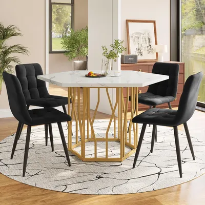 Productafbeelding van Sweiko Eettafel- en stoelset (5-delig), moderne hexagonale marmeren eettafel + 4 eetkamerstoelen van zwart fluweel, om een warme en moderne sfeer te creëren, met gouden tafelpoten