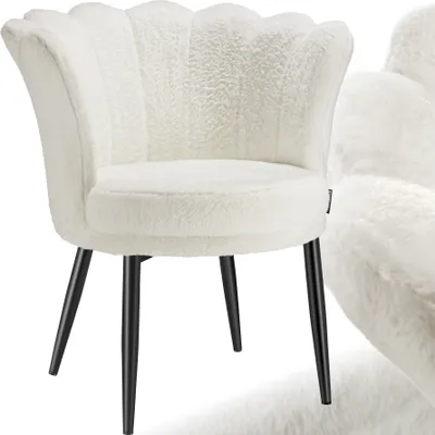 A white, fluffy armchair with black legs is shown against a white background.