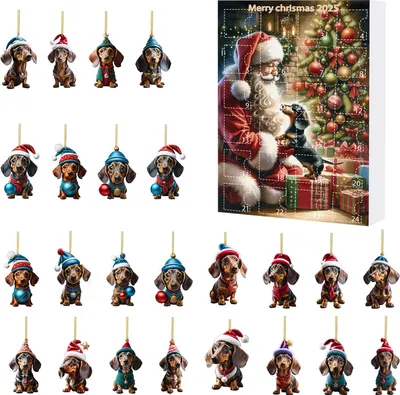 A collage of Christmas-themed dachshund ornaments and a Christmas advent calendar featuring Santa Claus and a dachshund.