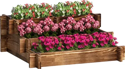 Obrázek produktu pro Dřevěný truhlík/vyvýšený záhon – stupňovitý design – 93 × 93 × 35 cm – karbonizované dřevo – do zahrady