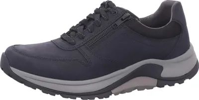 A side view of a dark blue men's sneaker with a gray sole.