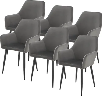 A set of six dark gray upholstered dining chairs with armrests, arranged in two rows on a white background.