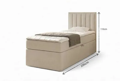 A single bed with a headboard, mattress, and blanket, shown against a white background with measurement indicators.