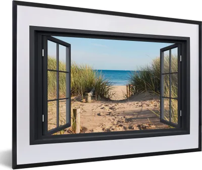 Produktbild von MuchoWow® Gerahmtes Poster Durchblick - Strand - Meer - Sand - Wasser - Strandhafer - Dünen 60x40 cm - Poster mit Schwarzem Bilderrahmen Wandposter Rahmen Foto Bilder - Schlafzimmer - Plakat in Rahmen - Drucken