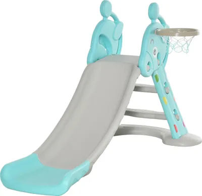 Image de HOMCOM Toboggan Enfant avec Panier de Basket-Ball Échelle d'escalade pour enfant +18 mois Usage intérieur et extérieur Charge Max 20KG dim. 147L x 82l x 85,5H cm Bleu et Gris