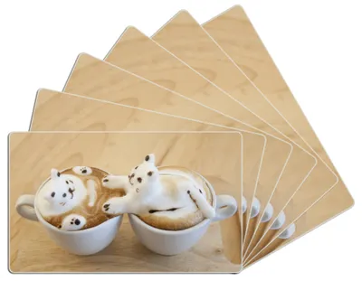 Produktbild von Wallario Frühstücksbrettchen 6er Set aus Glas, je 14 x 23 cm, mit rutschfesten Füßen, Motiv Süße Milchschaum Katzen auf Kaffee