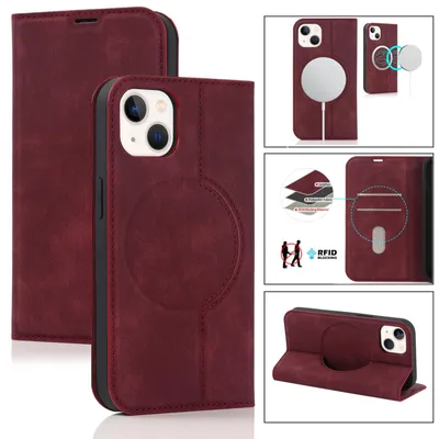 Produktbild von MagSafe Handy Tasche für Apple iPhone 13 Handy Hülle Schutzhülle Wallet mit Kartenfächer und Aufstellfunktion Klapphülle Flip Cover Case Farbe: Weinrot