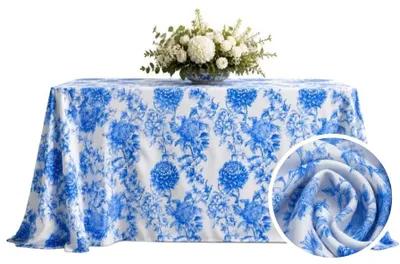 Produktbild von MEBLE ODNOWA, Quadratische Tischdecke 240 x 240 cm, Toile Blumenmuster, Weiß-Blau, Matt, Elegante, für Hochzeit, Bankett, Restaurant, Pflegeleicht