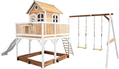 Produktbild von AXI Spielhaus Liam mit Sandkasten, Doppelschaukel & weißer Rutsche | Stelzenhaus XXL in Braun & Weiß aus  Holz für Kinder | Spielturm mit Wellenrutsche & Schaukel für den Garten