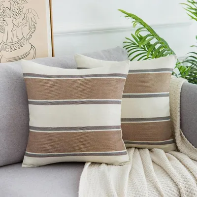 Productafbeelding van Kussensloop, 45x45 cm, linnenmix, gestreept, bruin, set van 2