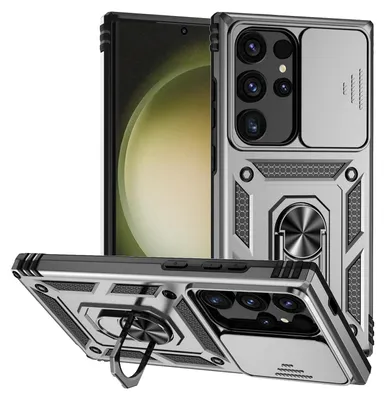 Obrázek produktu pro Pouzdro pro Samsung Galaxy S25 Ultra dvouvrstvé pouzdro s posuvným krytem kamery a prstencovým stojánkem Stříbro