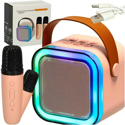 Productafbeelding van Karaokeset 2 Microfoons + Draagbare Speaker Bluetooth Usb Led Roze