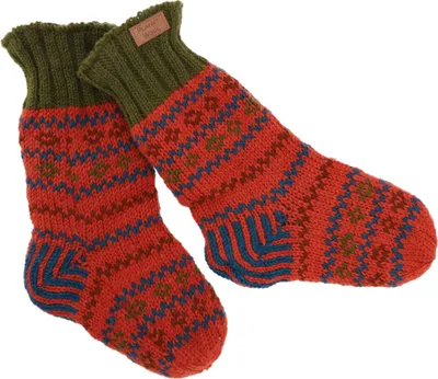 Produktbild von Handgestrickte Gefütterte Schafwollsocken, Bunte Haussocken, Hüttensocken, Nepal Socken - Orange/grün, Uni, Wolle, Socken & Beinstulpen