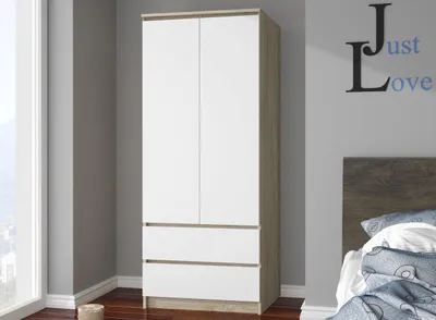 Produktbild von Kleiderschrank – Schlafzimmerschrank mit Kleiderstange – Sonoma Eiche / Weiß – 90 cm – Eleganter Drehtürenschrank mit 2 Türen und 2 Schubladen