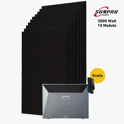 Produktbild von Balkonstrom Balkonkraftwerk 5000W mit Speicher | 4xZusatzspeicher | Balkonhalterung | 10xSolarmodul Bifazial | Anker Solix 4 Pro |Wieland Kabel 15m