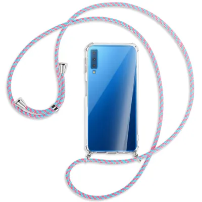 Produktbild von Handykette Backcover-Schutzhülle mit Band (Metall silberfarben) für Samsung Galaxy A7 2018 - pink/mint