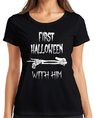 Immagine prodotto di PRIMO HALLOWEEN CON LUI Prima maglietta da donna del bambino con braccio scheletrico, papà spaventoso, nero, L
