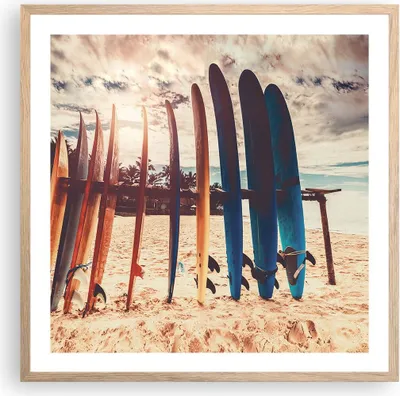 Produktbild von Gerahmtes Poster - Rahmen in heller Eiche - Surfen Strand Board - 60x60 cm - Wand Bild - Wanddeko - Wandbilder - Kunstposter - Wandposter - Bilderrahmen - Bilder - Kunstdruck - P2NAC60x60-4992