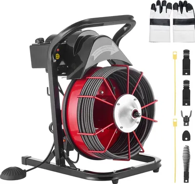 Image de Machine de débouchage - Déboucheur électrique - Spirale Ø 10,5 mm, 23 m - Avance manuelle - Quatre têtes de coupe -au pied pneumatique - Pour tuyaux de 50 à 100 mm