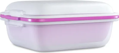 A white and pink food storage container with a lid.