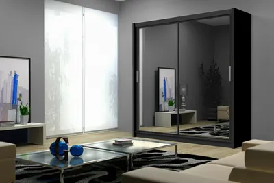 Produktbild von Schwebetürenschrank PARIS 160 cm mit Spiegel – Kleiderschrank modern, kompakter Schlafzimmer Schrank (Schwarz)