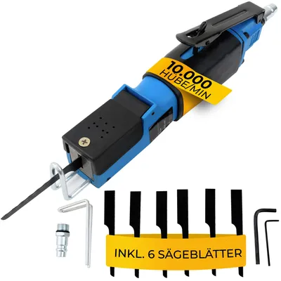 Produktbild von MONZANA® Säbelsäge 6 Sägeblätter (18T, 24T, 32T), 9.000 U/min Verstellbarer Anschlagbügel Gummigriff Werkstatt Druckluft-Karosseriesäge Blechsäge