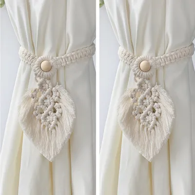 Produktbild von 1 Paar Vorhang Raffhalter Vorhang Binder Makramee Gardinenhalter Boho Blätter Vorhanghalter Weiss Baumwollseil Heimdeko
