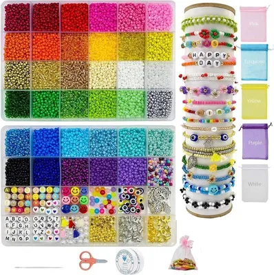 Produktbild von 16000 St. Perlen Set zum Auffädeln Armbänder Glasperlen 3mm, 36 Farbe+Dekoration