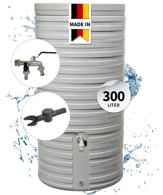 Produktbild von GARANTIA NORDIC Regentonne Komplett-Set 300 Liter steingrau inkl. Chrom-Doppelauslaufhahn und Fallrohranschluss