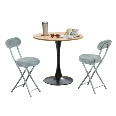 Image de Ensemble de salle à manger "Cosy" de style scandinave, comprenant une table ronde en chêne et quatre chaises pliantes grises