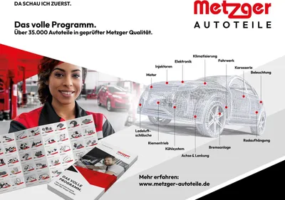 A woman in a mechanic's uniform holds up a catalog of car parts, with a wireframe diagram of a car showing various parts highlighted.