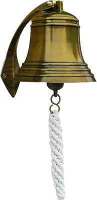 Produktbild von Schiffsglocke aus antikem Messing mit Halter & Bändsel, 15cm Maritime Retro-Deko